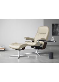 Relaxsessel stressless "Consul", beige (cream batick), B:91cm H:102cm T:79cm, Leder BATICK: BATICK ist ein leicht korrigiertes, durchgef&auml;rbtes und genarbtes M&ouml;belleder, bei dem die meisten Unebenheiten und Spuren in der Regel entfernt wurden., Sessel, Relaxsessel, mit Cross Base, Gr&ouml;&szlig;e S, M & L, Holzakzent Braun