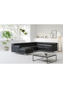 Wohnlandschaft COTTA "Sammy U-Form, B: 304 cm", schwarz, B:304cm H:74cm T:240cm, NaturLEDER, die R&uuml;ckseite ist mit schwarzem und die Liegefl&auml;che der Bettfunktion ist mit beigem Spannstoff bezogen, Sofas, Wohnlandschaft, Kopfteilverstellung, optional Schlaffunktion & Bettkasten