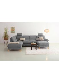 Wohnlandschaft OTTO HOME "Westerland U-Form", grau, B:303cm H:90cm T:213cm, 100% Polyester, Sofas, Wohnlandschaft, Federkern, wahlweise Schlaffunktion, Stauraum und Armlehn-Verstellung