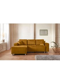 Ecksofa Home Affaire "Gy&ouml;r", gold (goldfarben), B:235cm H:88cm T:160cm, Microfaser (100% Polyester);Luxus-Microfaser Lederoptik (100% Polyester);Struktur (100% Polyester);Samtoptik (100% Polyester);Struktur weich (100% Polyester), Sofas, Ecksofa, L-Form, wahlweise mit Bettfunktion und Bettkasten incl. 2 Zierkissen