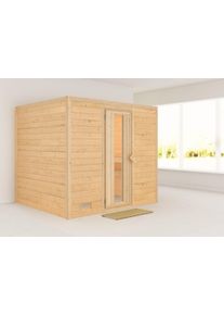 Sauna Karibu "Soraja", beige (naturbelassen), ohne Ofen, (ohne Ofen), Saunen, Sauna, ohne Ofen