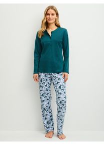 Schlafanzug Calida "Midnight Flowers", Damen, Gr. XS (36/38), gr&uuml;n (schwarz petrol), Interlock, Obermaterial: 100% Baumwolle, Homewear-Sets Schlafanzug
