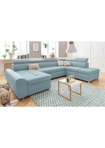 Sit & More Wohnlandschaft SIT & MORE "Riva U-Form", blau (aqua), B:337cm H:92cm T:95cm, Struktur (100% Polyester);Flachgewebe (100% Polyester);Luxus-Microfaser (100% Polyester), Sofas, Wohnlandschaft, wahlweise mit Schlaffunktion
