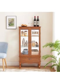Lighted Glass Cabinet Glass Wine Cabinet Curio Display Cabinet with Adjustable Glass Shelves 2 Doors and 1 drawer Cabinet Bulb