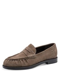 Slipper Tamaris, Damen, Gr. 42, braun (taupe), Ziegenveloursleder, unifarben, Schuhe Slipper, Blockabsatz, Businessschuh, Halbschuh in Mokassin-Optik