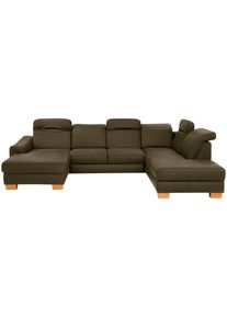 Wohnlandschaft Home Affaire "Dundee U-Form", gr&uuml;n (olive), B:338cm H:86cm T:219cm, Luxus-Microfaser Lederoptik (100% Polyester), Sofas, Wohnlandschaft, wahlweise mit Kopfteilverstellung und zus&auml;tzlich mit Schlaffunktion