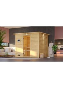 Sauna Karibu "Soraja", beige (naturbelassen), ohne Ofen, (ohne Ofen), Saunen, Sauna, ohne Ofen