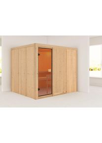 Sauna Karibu "Nybro", beige (naturbelassen), (ohne Ofen), Saunen, Sauna, inklusive Ofenschutzgitter und T&uuml;r