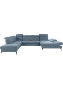 Sit & More Wohnlandschaft SIT & MORE "Brisbane U-Form", blau (hellblau), B:367cm T:243cm, Soft clean (98% Polyester, 2% Polyamid), Sofas, Wohnlandschaft, Fu&szlig;h&ouml;he 15 cm, inklusive Sitztiefen-, Armteil- und Kopfteilverstellung