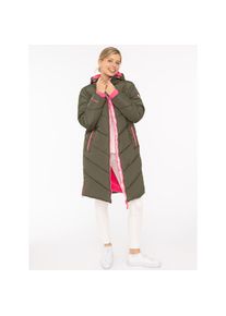 Zwillingsherz, Damen, Steppmantel &raquo;"Happy Vibes"&laquo; Print an Kapuze, farbigen Details und Zippern, Khaki, S, Mit Taschen und Kapuze