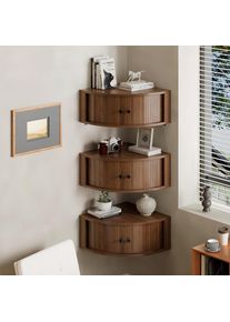 3-Piece Floating Shelf Set with Sliding Doors, Ideal for Living Room, Bedroom, Office, and Small Spaces, Walnut Curved Design, 1