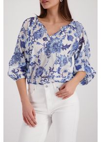 Langarmbluse monari "Bluse Blumendruck allover", Damen, Gr. 44, marine gem, Web, Obermaterial: 100% Baumwolle, gebl&uuml;mt, regular fit taillenlang, Rundhals, eingesetzt elastischer Bund, Blusen Langarmbluse, Regular fit mit Blumenmuster