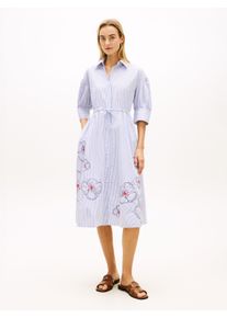 Hemdblusenkleid Tommy Hilfiger "EMBROIDERED POPLIN SHIRT DRESS", Damen, Gr. XS (34), N-Gr, blau (misty lazuli blau stripe), Jersey, Obermaterial: 100% Baumwolle, gestreift, A-Linie, Kleider Hemdblusenkleid, mit Spaghetti-Tr&auml;gern zum Binden