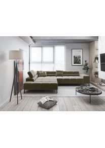 Ecksofa Home Affaire "Ancona New, wahlweise motorische Sitztiefenverstellung, auch in Cord", gr&uuml;n (oliv), B:321cm T:216cm, 100% Polyester, Sofas, Ecksofa, feine Steppung, mit Kopfteilverstellung, 3 Zierkissen, L-Form