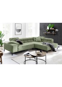 Ecksofa Home Affaire "Ancona New, wahlweise motorische Sitztiefenverstellung, auch in Cord", gr&uuml;n (oliv), B:321cm T:216cm, : 88% Polyester, 12% Polyacryl, Sofas, Ecksofa, feine Steppung, mit Kopfteilverstellung, 3 Zierkissen, L-Form