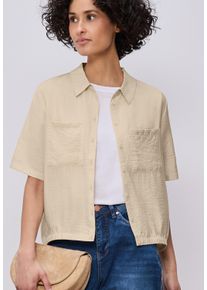 Kurzarmbluse Street One, Damen, Gr. 40, smoke beige, Web, Obermaterial: 88% Viskose, 12% Polyamid, unifarben, normal h&uuml;ftbedeckend, Rundhals, abgesteppte Kante, Blusen Kurzarmbluse, mit Elastiksaum