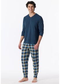 Schlafanzug Schiesser "Casual Essentials", Herren, Gr. 58, blau (860, blau), Single Jersey, Obermaterial: 100% Baumwolle, bequem lang, V-Ausschnitt, Homewear-Sets Schlafanzug, mit bequemen B&uuml;ndchen