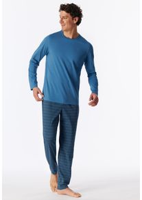 Schlafanzug Schiesser "Casual Essentials", Damen, Gr. 106, 833, blau, Single Jersey, Obermaterial: 100% Baumwolle, regular fit lang, Rundhals, Homewear-Sets Schlafanzug, mit unifarbenem Langarmshirt mit rundem Halsausschnitt