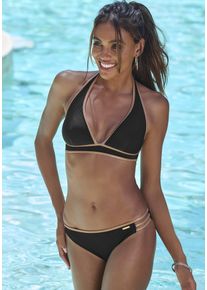 Triangel-Bikini-Top Bruno Banani "Milano", Damen, Gr. 40, Cup A/B, schwarz, Recycling-Polyamid, gl&auml;nzend, unifarben, Bikini-Oberteile Triangel-Bikini-Top, mit kupferfarbener Paspel