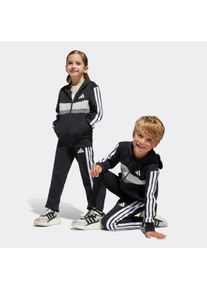Trainingsanzug adidas Sportswear "SEASONAL ESSENTIALS TIBERIO 3-STREIFEN KIDS", Damen, Gr. 116, schwarz-wei&szlig; (schwarz, wei&szlig;, grau two), Obermaterial: 70% Baumwolle, 30% Polyester, Sportanz&uuml;ge Trainingsanzug