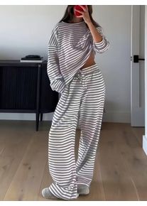 2026 Autumn Winter New Women Striped Round Neck Loose T-shirt High Waist Long Pants 2 Piece Set Casual Daily Outfit Suit