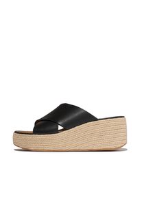 Pantolette fitflop "PLATFFORMS ESPADRILLE LEATHER WEDGE CROSS SLIDES", Damen, Gr. 42, schwarz, Leder, Schuhe Pantolette, Keilabsatz, Plateau, Sommerschuh mit Wedge