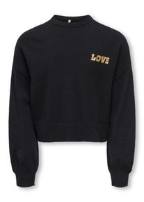 Rundhalspullover KIDS Only "KOGLEVA-LAYA LS EMB. O-NECK FR KNT", M&auml;dchen, Gr. 146/152, schwarz (schwarz detail:love, gold lurex emb.), Strick, Obermaterial: 50% Viskose, 27% Nylon, 23% Polyester, bestickt, normal, Rundhals, Pullover Rundhalspullover, Viskosemischung