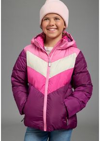 Winterjacke Scout "Gesteppte Jacke, Colorblocking - NEU von Scout", M&auml;dchen, Gr. 128/134, dunkellila, p, Web, Obermaterial: 100% Polyester. Futter: 100% Polyester. Wattierung: 100% Polyester, Basic Po-bedeckend, Rippb&uuml;ndchen, Jacken Winterjacke, mit abnehmbarer Kapuze, mit Fleecefutter, wasser- und windabweisend