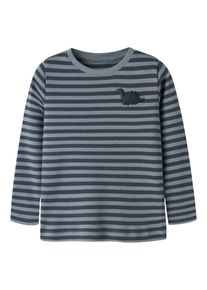 Langarmshirt name it "NMMVILLY LS SLIM TOP NOOS", Jungen, Gr. 110, grau (tradewinds print:dino), Jersey, Obermaterial: 100% Baumwolle, bedruckt, gestreift, slim fit normal, Rundhals, Shirts Langarmshirt, Baumwolle, slim fit
