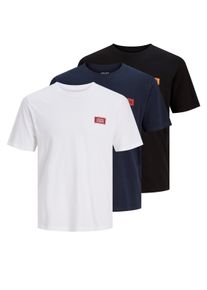 Jack & Jones Rundhalsshirt JACK & JONES "JJRUSH TEE SS CREW NECK 3PK MP", Herren, Gr. M, schwarz pack:schwarz, hellwei&szlig;, navy blazer, Jersey, Obermaterial: 100% Baumwolle, bedruckt, regular fit normal, Rundhals, Shirts Rundhalsshirt, Baumwolle, regular fit