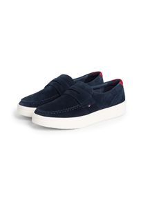 Loafer Tommy Hilfiger "MODERN LIGHT HYBRID SUEDE LOAFER", Herren, Gr. 46, blau (dunkelblau), Veloursleder, Veloursleder, unifarben mit Farbeinsatz, Schuhe Loafer, Businessschuh, Slipper, Schl&uuml;pfschuh, mit modischem Zierriegel