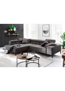 Ecksofa Home Affaire "Ancona New, wahlweise motorische Sitztiefenverstellung, auch in Cord", schwarz (dunkelgrau), B:321cm T:216cm, : 88% Polyester, 12% Polyacryl, Sofas, Ecksofa, feine Steppung, mit Kopfteilverstellung, 3 Zierkissen, L-Form