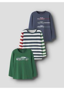 Langarmshirt name it "NMMNIKO 3P LS TOP", Jungen, Gr. 116, bunt (vintage indigo pack:vintage indigo, poinsettia, verdant g), Jersey, Obermaterial: 100% Baumwolle, bedruckt, regular fit normal, Rundhals, Shirts Langarmshirt, Baumwolle, regular fit