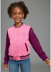 Sweatjacke Scout "College-Sweatjacke mit Badge - NEU von Scout", M&auml;dchen, Gr. 128/134, rosa, angeraute Sweatware, Obermaterial: 100% Baumwolle, bedruckt, Basic h&uuml;ftlang, Rundhals, Rippb&uuml;ndchen, Sweatjacken Sweatjacke, mit UV-Schutz, aus angerauter Baumwolle, h&uuml;ftlange Basic-Passform