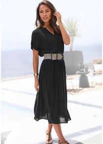 Midikleid Buffalo "mit Smokbund in der Taille aus gekreppter Webware", Damen, Gr. 40, N-Gr, schwarz, Cr&ecirc;pe, Obermaterial: 100% Viskose, unifarben, figurumspielend ca. Mitte Wade, Rundhals, mit Aufschlag, Kleider Midikleid, luftiges Sommerkleid, leichtes Strandkleid, Hemdblusenkleid, casual, Topseller