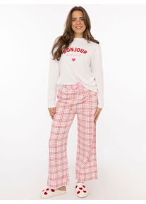 Pyjama Zwillingsherz "Bonjour Amour", Damen, Gr. L/XL, rosa (pink), Obermaterial: 100% Baumwolle, Homewear-Sets Pyjama, Longsleeve mit Schriftzug und langer, karierter Hose
