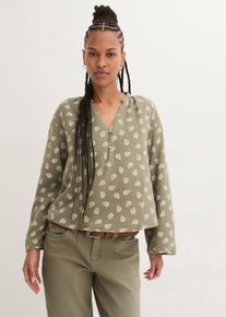 Langarmbluse bonprix "Oversize-Bluse aus luftigem Musselin", Damen, Gr. 44, gr&uuml;n (oliv paisley), Web, Obermaterial: 100% Baumwolle, bedruckt, oversize normal, V-Ausschnitt, mit Aufschlag, Blusen Langarmbluse, Oversize-Passform, f&uuml;r den Alltag, aus Musselin, mit V-Ausschnitt