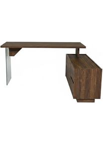 Eckschreibtisch Jahnke "LUX C 160 E", braun (walnuss, klarglas, klarglas, walnuss), B:160cm H:74cm T:136cm, Tische, Eckschreibtisch, Eckschreibtisch, wechselseitig montierbar, Glas, 2 F&auml;cher+2Schubladen