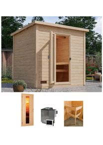 Saunahaus Karibu "Talo 3", beige (naturbelassen), Bio-Kombiofen, externe Steuerung, 9 kW, Saunen, Saunahaus, verschiedene Varianten
