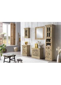 Badm&ouml;bel-Set Sit "Brisbane 5-teilig aus Mangoholz mit Schnitzereien", beige (natur), Kastenm&ouml;bel-Sets, Badm&ouml;bel-Set, Aufwendige Schnitzereien & Unterschrank mit Siphonausschnitt