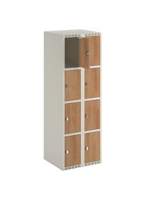 4-vaks lockerkast Fydor, HPL, 2 compartimenten, wit/eikenhout, B 600 mm, platte dakvorm, hangslot
