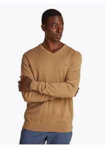 Strickpullover Tommy Hilfiger "ESSENTIAL COTTON V NECK mit V-Ausschnitt und Stickerei", Herren, Gr. XL, beige (safari canvas), Strick, Obermaterial: 100% Baumwolle, V-Ausschnitt, Rippb&uuml;ndchen, Pullover Strickpullover, unifarben, casual, regular fit, Baumwolle, V-Ausschnitt