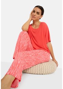 Pyjama LSCN BY LASCANA, Damen, Gr. 40/42, rosa (coralle), Rippware, Obermaterial: 92% Viskose, 8% Elasthan, unifarben, loose fit h&uuml;ftlang, Rundhals, weit abgesteppt, Homewear-Sets Pyjama, mit kleiner Zierknopfleiste