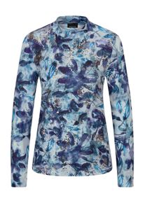 Kurzarmshirt GOLDNER "Kurzgr&ouml;&szlig;e Langarm Jersey-Shirt mit Allover-Druck", Damen, Gr. 22, blau (blau, gemustert), Obermaterial: 62% Polyester PES. 33% Viskose CV. 5% Elasthan EL., Shirts Kurzarmshirt, Stehbundkragen