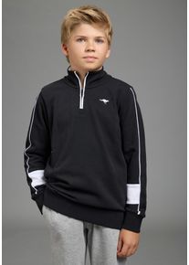 Sweatshirt Kangaroos "Troyer-Sweatshirt mit kontrastfarbigen Einsatz und Kangaroos Stickerei", Jungen, Gr. 128/134, schwarz-wei&szlig; (schwarz), Sweatware, Obermaterial: 100% Baumwolle, bedruckt, Basic h&uuml;ftbedeckend, Rippb&uuml;ndchen, Sweatshirts Sweatshirt, Troyer mit modischen &Auml;rmeleins&auml;tzen, Rei&szlig;verschluss, bequeme Passform