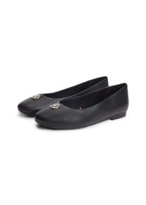 Ballerina Tommy Hilfiger "TH PLATE LEATHER BALLERINA", Damen, Gr. 41, schwarz, Leder, Schuhe Ballerina, Schlupfschuh, Businessschuh mit edlem Schmuckelement - schmale Form