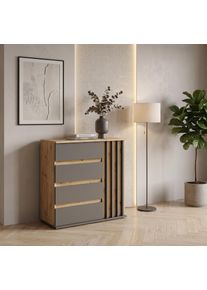 Kommode Home Affaire "LANDUVA Sideboard mit viel Stauraum, Breite 80 cm", eiche artisa, grau, B:80cm H:80cm T:34cm, Holzwerkstoff, Sideboards, Kommode, Schrank mit Schubladen und 1 T&uuml;r, Lamellen Design