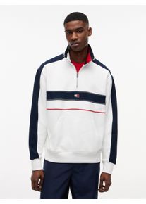 Sweatshirt Tommy Jeans "TJM RLX COLOR BLOCK QUARTER ZIP", Herren, Gr. S, wei&szlig; (ecru), Sweatware, Obermaterial: 100% Baumwolle, relaxed fit normal, Rippb&uuml;ndchen, Sweatshirts Sweatshirt, Stehkragen mit Rei&szlig;verschluss