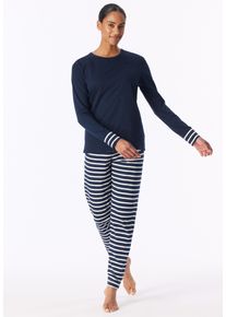 Schlafanzug Schiesser "Casual Essentials", Damen, Gr. 48, blau (804, nachtblau), Single Jersey, Obermaterial: 100% Baumwolle, gestreift, unifarben, bequem lang, Rundhals, angesetztes B&uuml;ndchen, Homewear-Sets Schlafanzug, Baumwolle, Rundhalsausschnitt, lang&auml;rmelig