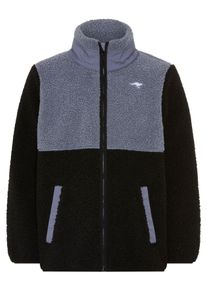 Sweatjacke Kangaroos "Teddy-Fleecejacke mit kontrastfarbigen Einsatz und Kangaroos Stickerei", Jungen, Gr. 128/134, schwarz-wei&szlig; (grau, schwarz), Fleece, Pl&uuml;sch, Obermaterial: 100% Polyester, Basic Po-bedeckend, eingefasste Kante, Sweatjacken Sweatjacke, Colorblocking Teddy-Fleecejacke mit Stehkragen